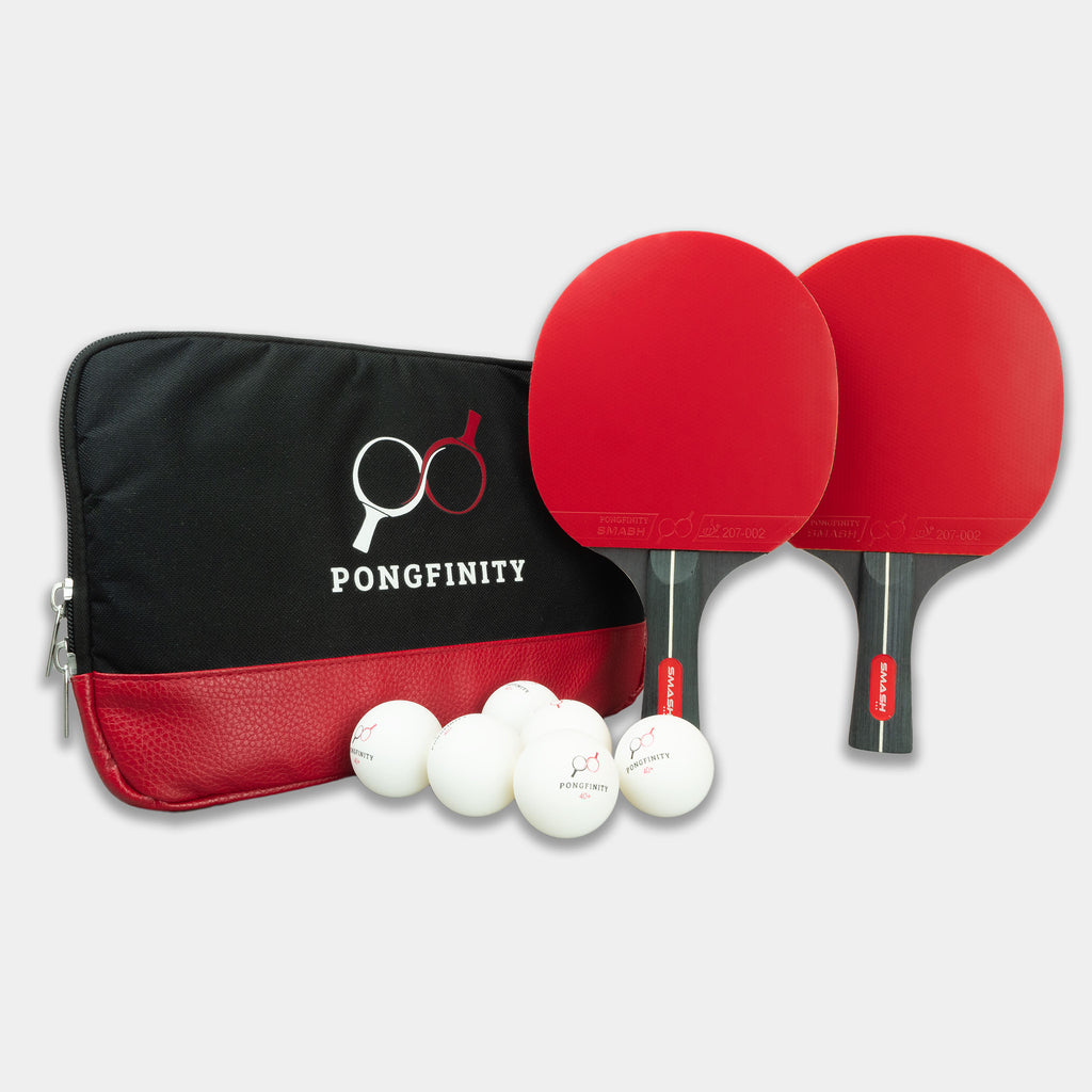 Two Pongfinity Smash rackets with a racket case and six table tennis balls